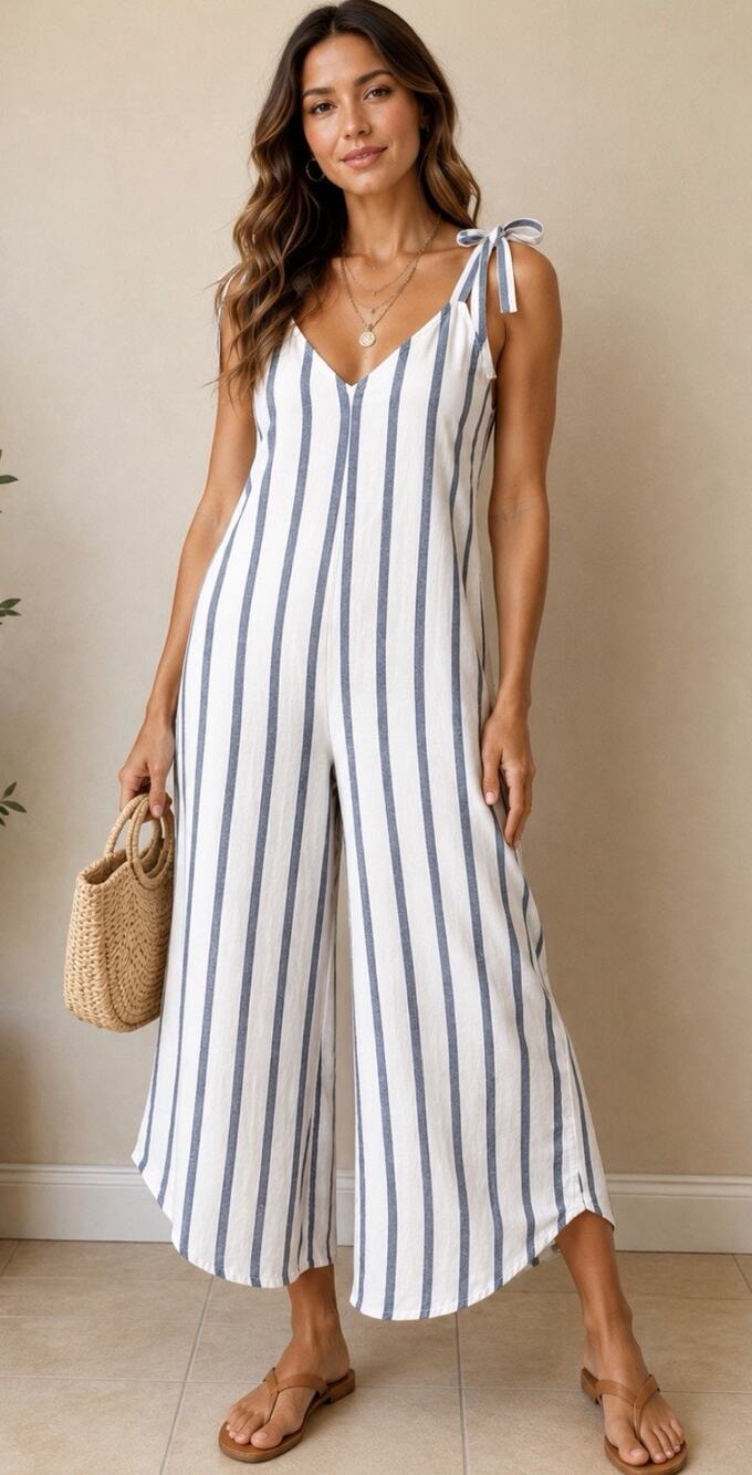 MSK Striped Wide-Leg Tie-Shoulder Jumpsuit – Women’s Large